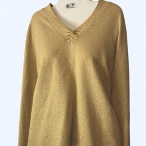 Alfred Dunner Gold metallic shimmering knit v neck top XL